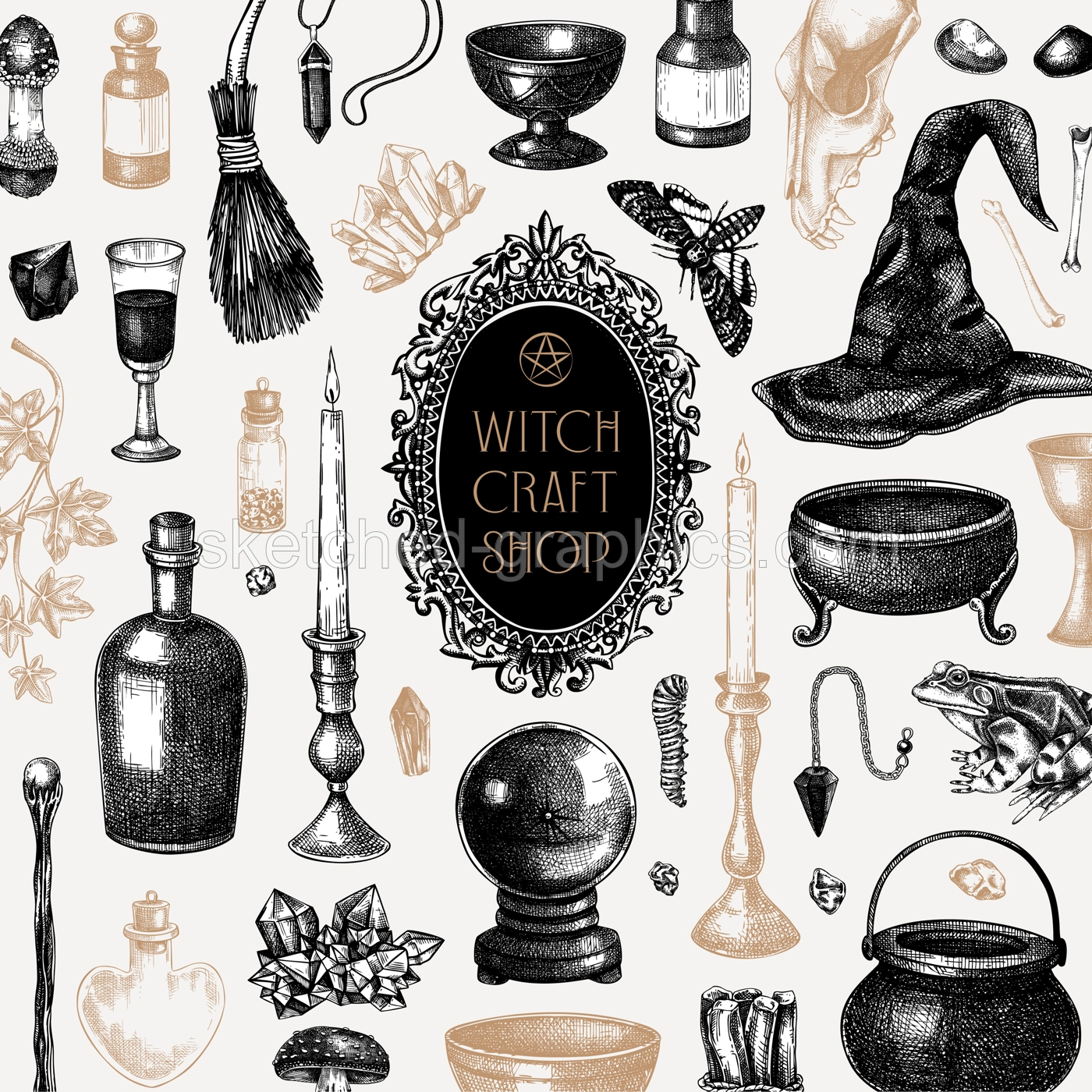 Bohemian witchcraft hand-drawn vector illustration. Vintage Halloween sketches. Witch party invitation, card, poster, flyer design. NOT AI generated Illustration